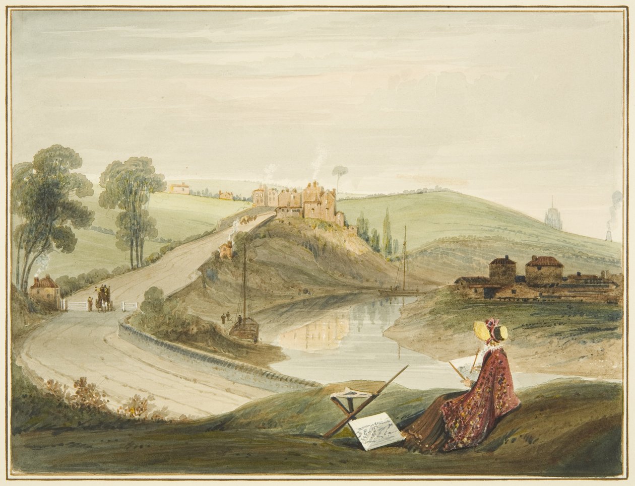 Totterdown ja Pile Hill Bath Roadilta, jossa näkyy Brislington Turnpike (Miss Braikenridgen kanssa? Luonnos) tekijältä Thomas Leeson the Elder Rowbotham