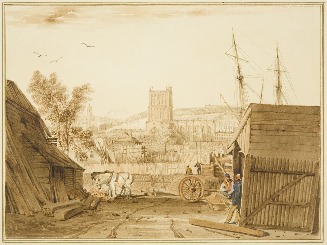 Näkymä Acramanin puupihalta, Wapping, näkymä kohti katedraalia tekijältä Thomas Leeson the Elder Rowbotham