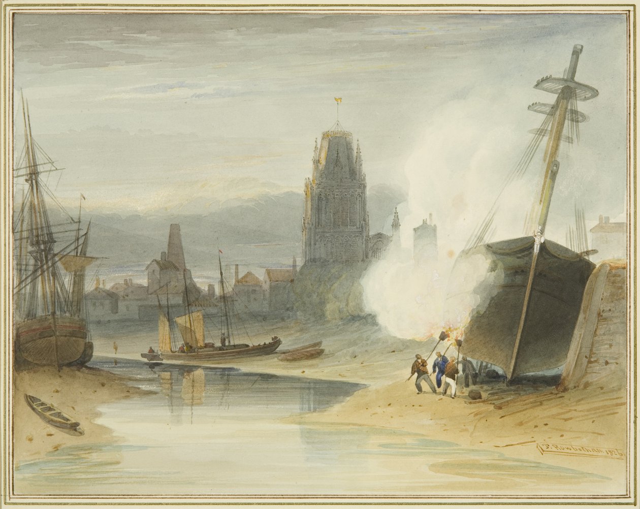 Näkymä St Mary Redcliffelle Gibb-slipiltä ennen Floating Harbourin muodostumista, jossa näkyy myös laivan pohjan räjähdys tekijältä Thomas Leeson the Elder Rowbotham