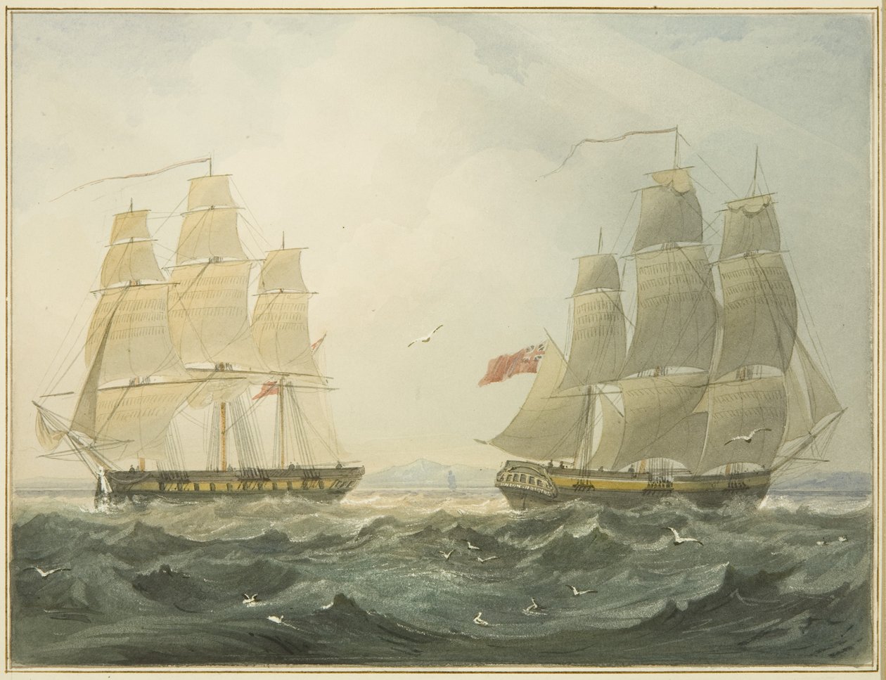 West Indianman "Union" ja "Ann" tulossa Bristol Channel -kanavalla tekijältä Thomas Leeson the Elder Rowbotham