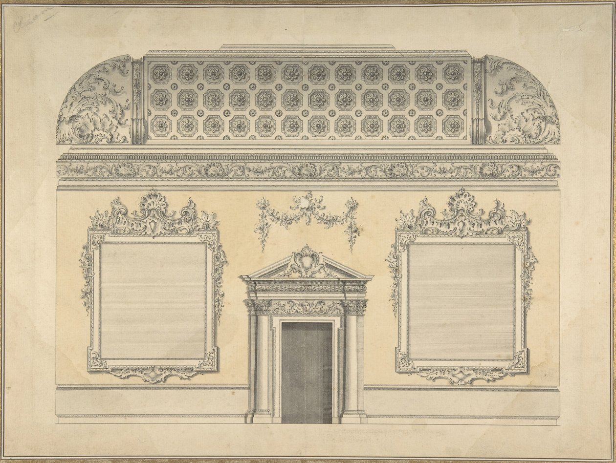 Suunnitelma rokokoohuoneen osaan, jossa kattokatto ja koristeltu korinttilais..., noin 1750. tekijältä Thomas Lightoler.
