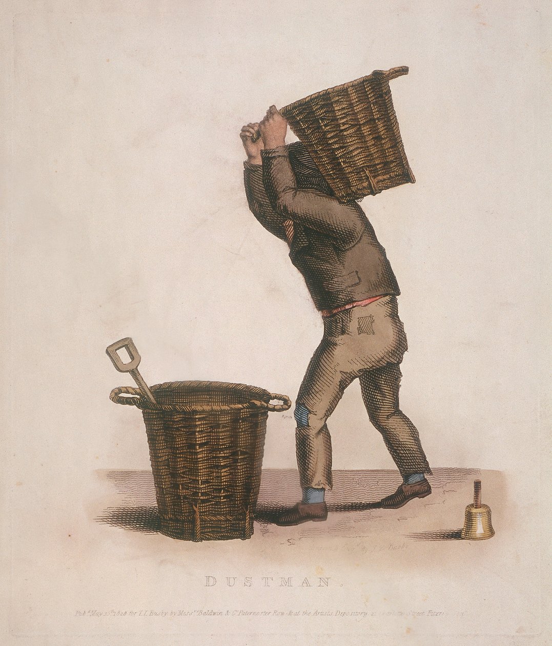 Pölymies kantamassa roskakoria selässään, 1820 tekijältä Thomas Lord Busby