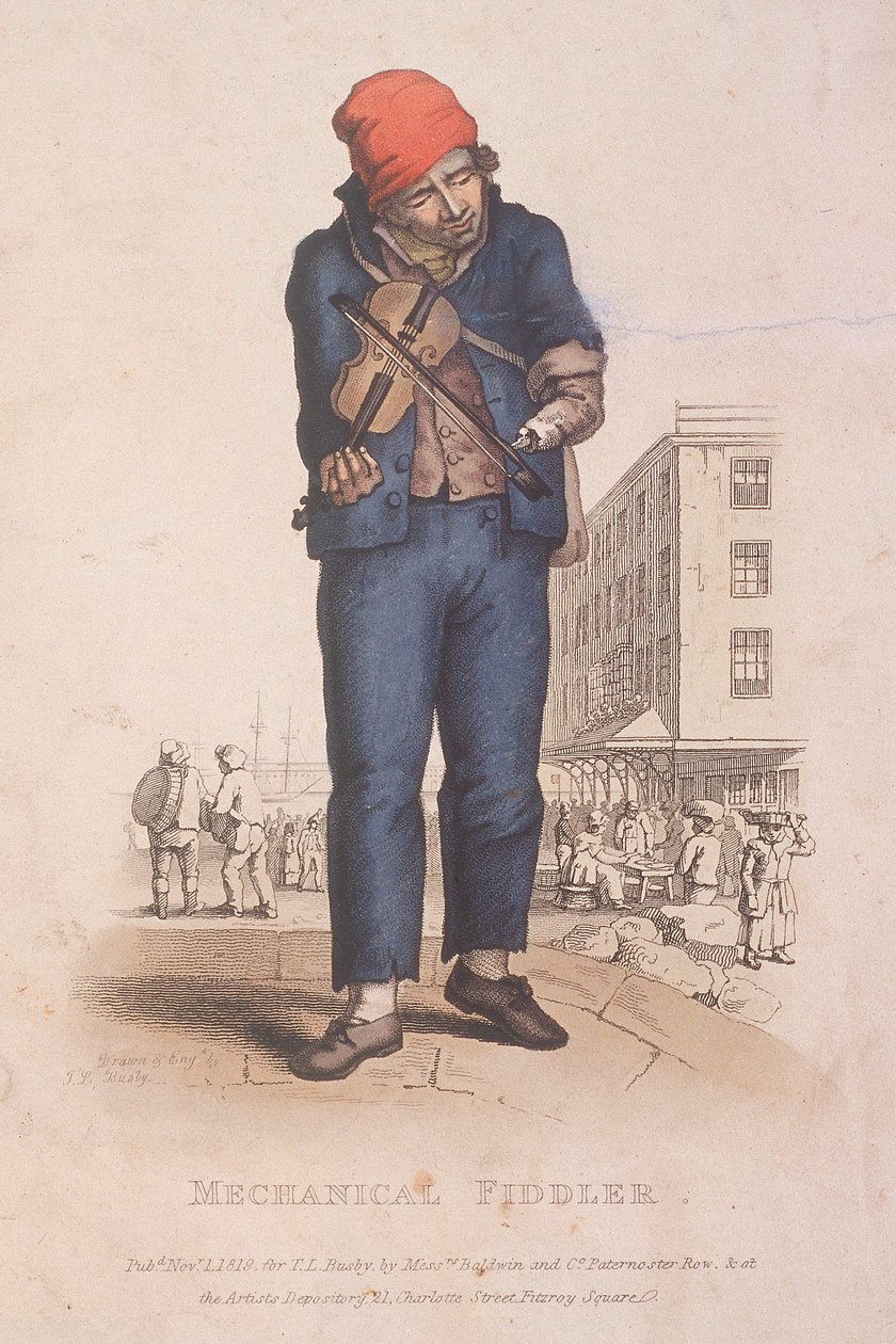 Viulunsoittaja, jolla on käsiproteesi, taustalla tori, 1820 tekijältä Thomas Lord Busby