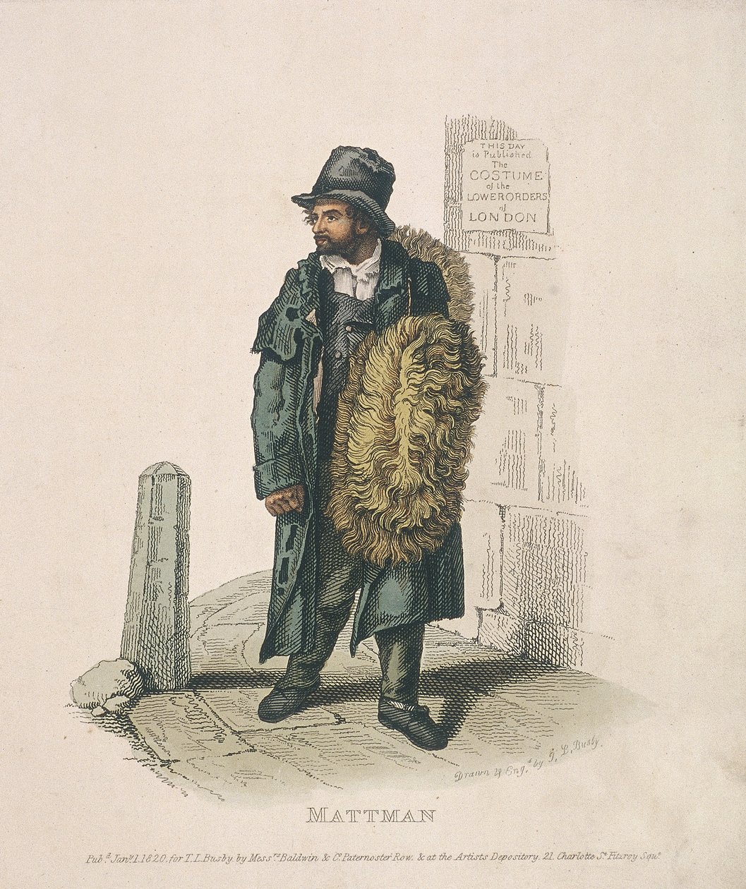 Matti myyjä kantamassa tavaraansa olkapäällään, 1820 tekijältä Thomas Lord Busby