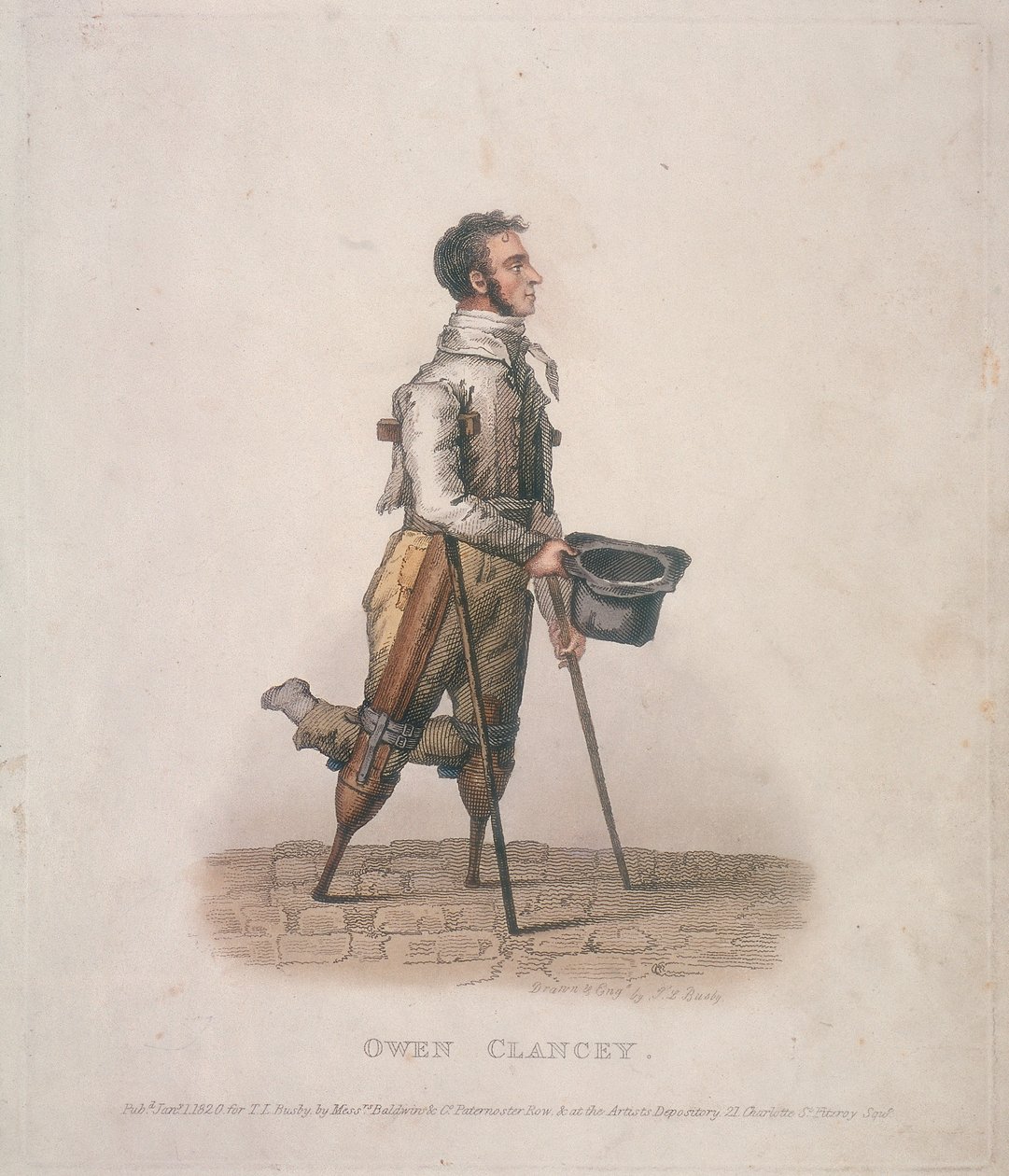 Owen Clancy, kerjäämässä hattu kädessä, kainalosauvat ja laitteet kiinnitettynä jalkoihinsa, 1820 tekijältä Thomas Lord Busby