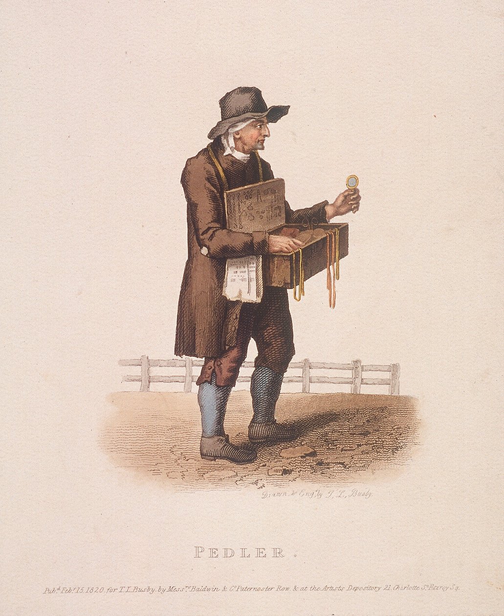 Pedlar tavaralaatikkonsa ripustettuna kaulaansa, 1820 tekijältä Thomas Lord Busby