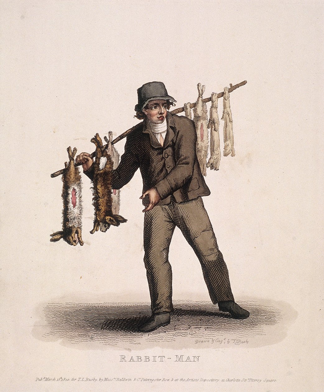 Kanikauppias kantaa kanien kanssa ripustettua sauvaa, 1820 tekijältä Thomas Lord Busby