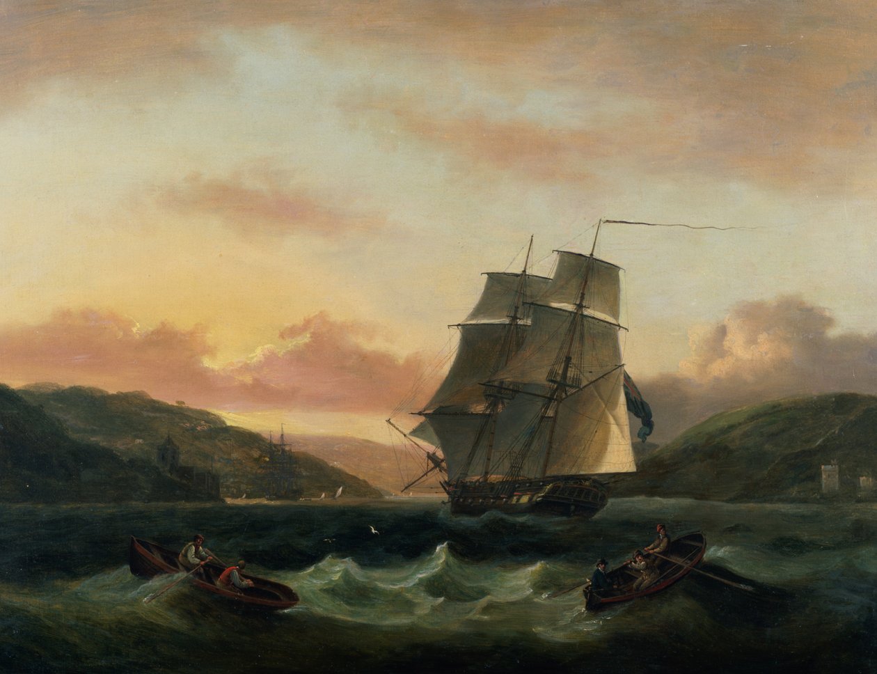 Brigantine täydessä purjehduksessa Dartmouthin satamassa tekijältä Thomas Luny
