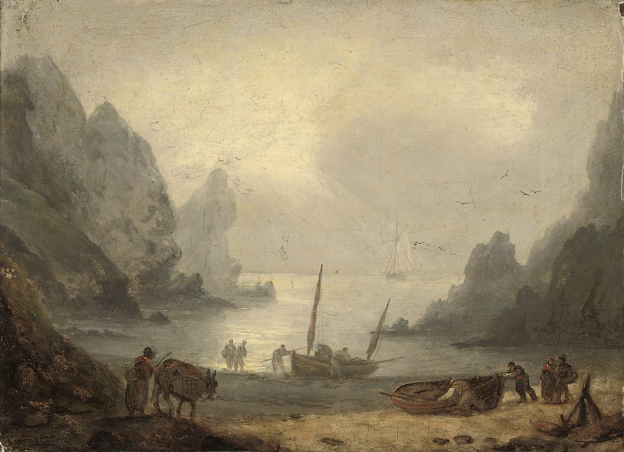 Devonshiren sisääntuloaukko, jossa kalastajat purkavat saaliinsa rannikolle, n. 1804 tekijältä Thomas Luny