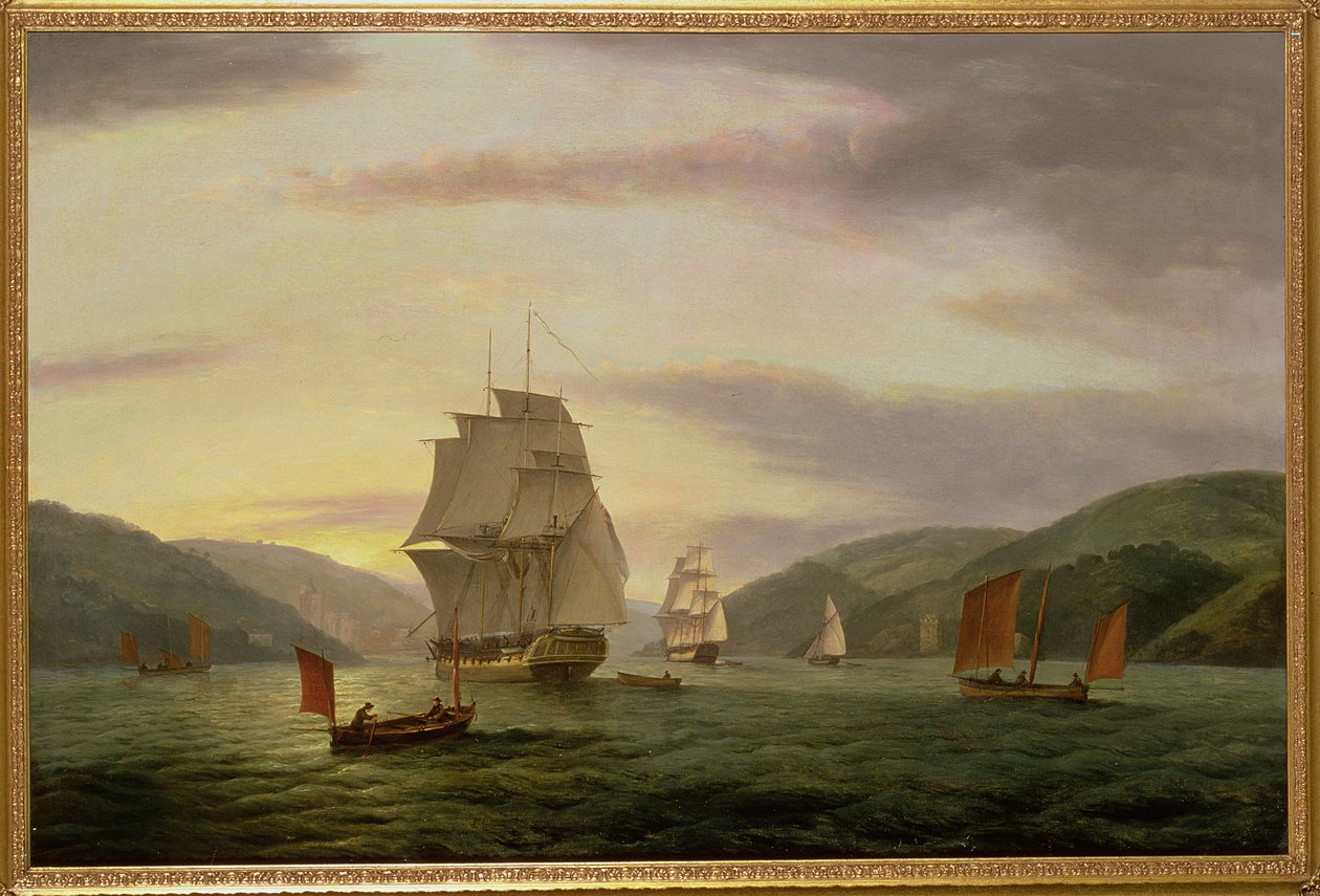 Fregatti, reppu ja kauppalaiva Dartmouthin satamassa, 1808 tekijältä Thomas Luny