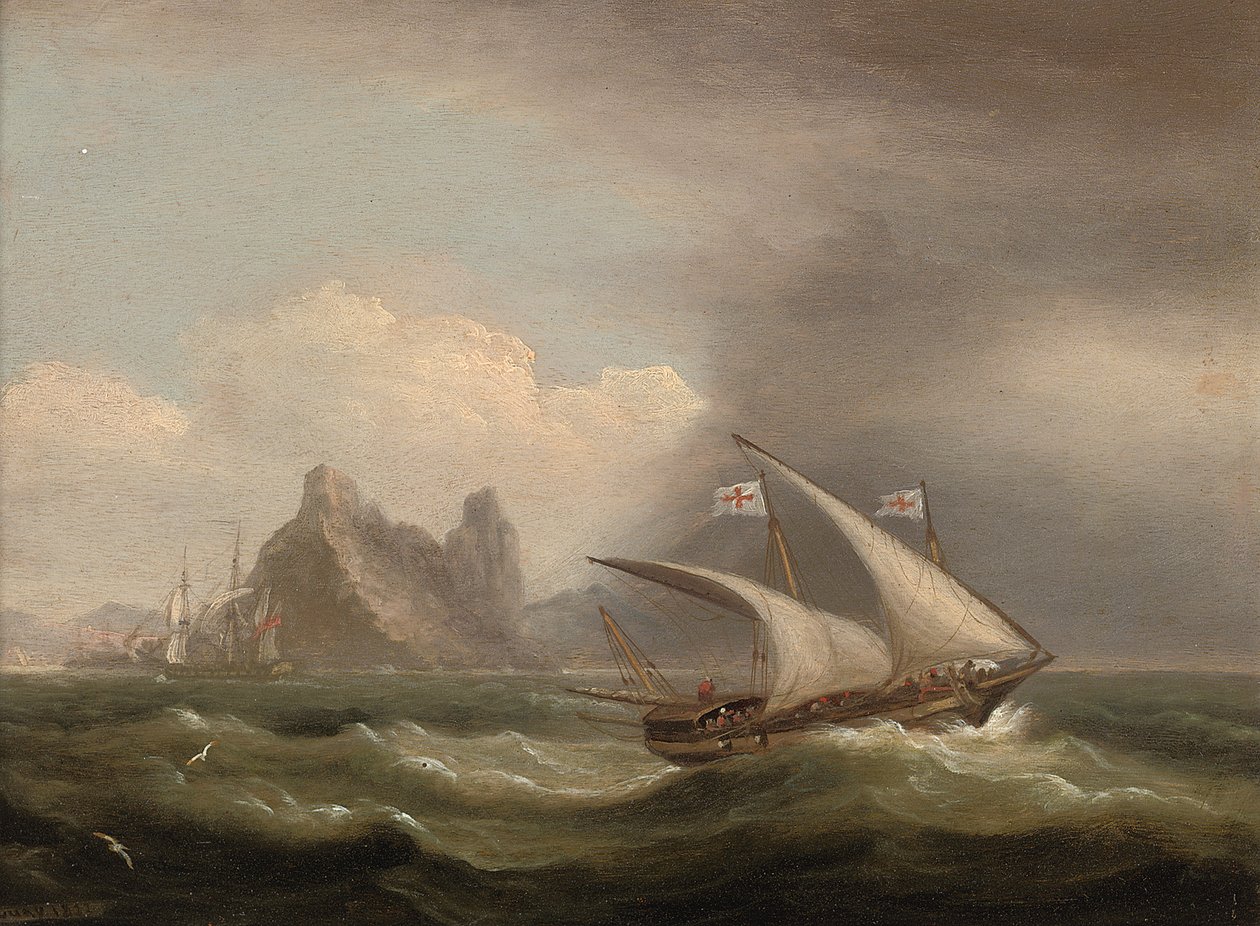 Aseistettu Xebec Välimerellä, brittiläinen fregatti perässään ja juoksee kivisen rannikon ohi, 1822 tekijältä Thomas Luny