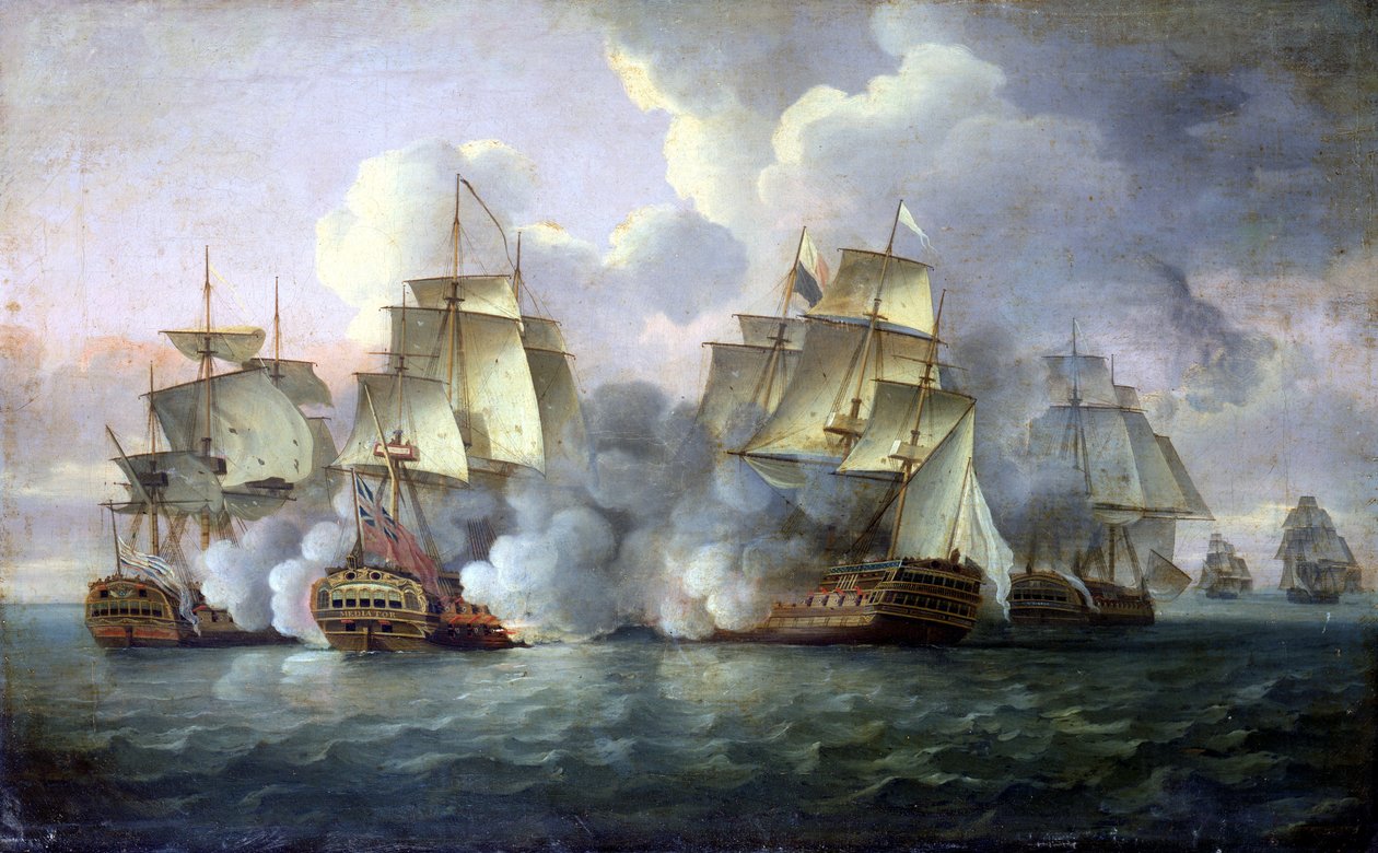 HMS "Mediator" hyökkää ranskalaisia ja amerikkalaisia aluksia vastaan. tekijältä Thomas Luny