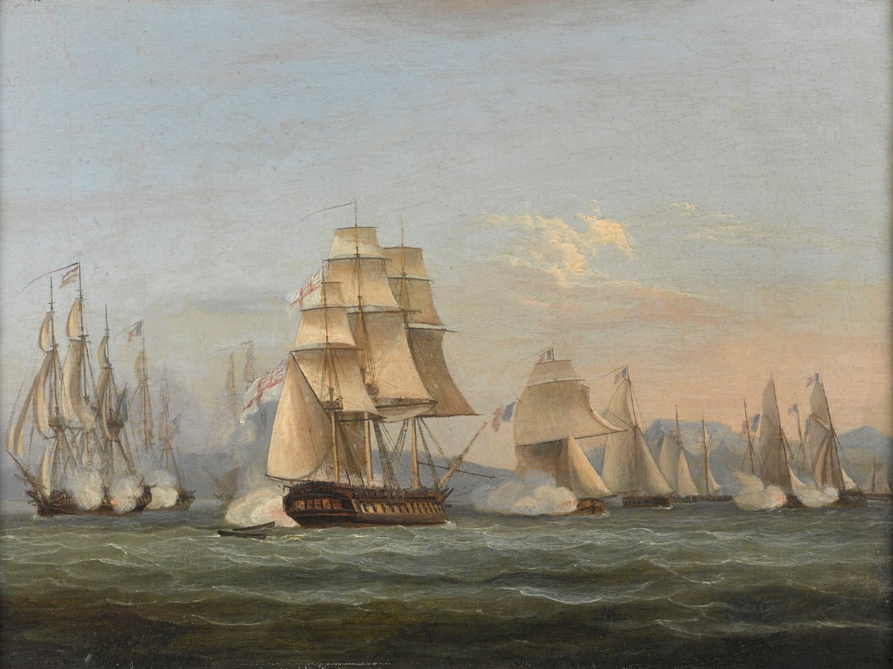 HMS Spartan & French Fregates: The Beginning of Action, 3. toukokuuta 1810 (Napolin lahti) (öljy kankaalle) tekijältä Thomas Luny