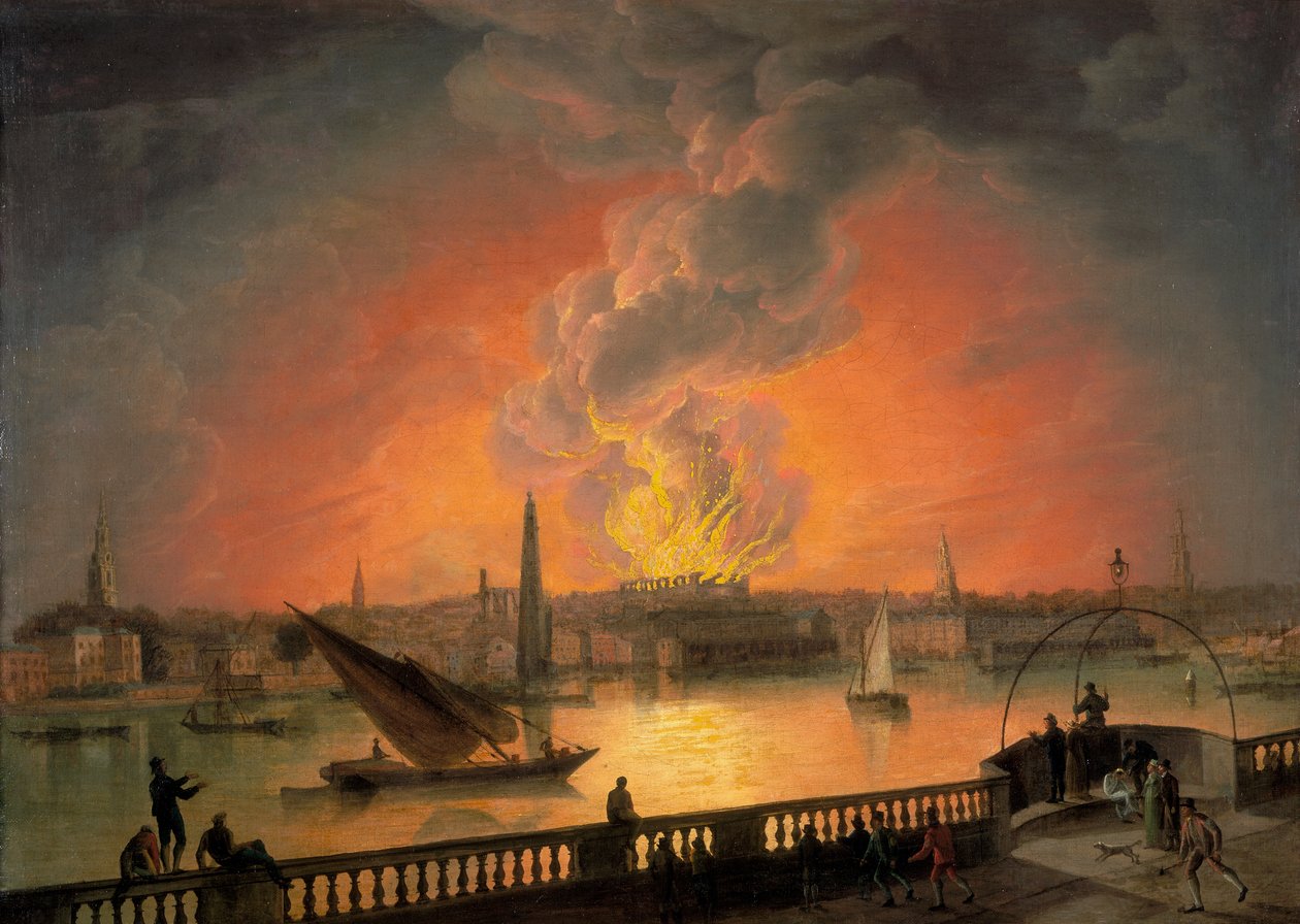 Drury Lane -teatterin palaminen Westminster Bridgestä, 1809 tekijältä Thomas Luny
