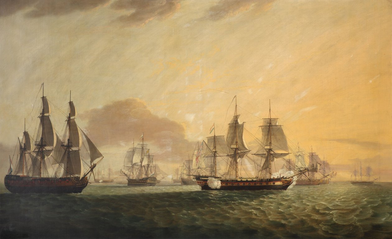 Kenraali Goddardin saalistusalus hollantilaisia itäindialaisia aluksia vastaan, 1700-luvun loppu - 1800-luvun alku (öljy kankaalle). tekijältä Thomas Luny