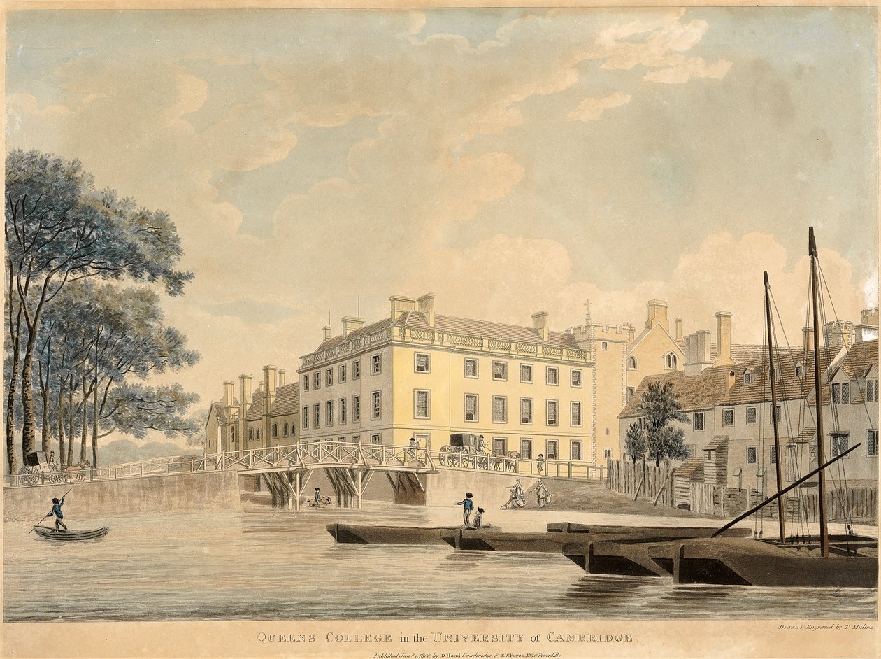 Queens College Cambridgen yliopistossa, pubi 1800 (käsinvärinen akvatinta) tekijältä Thomas Malton