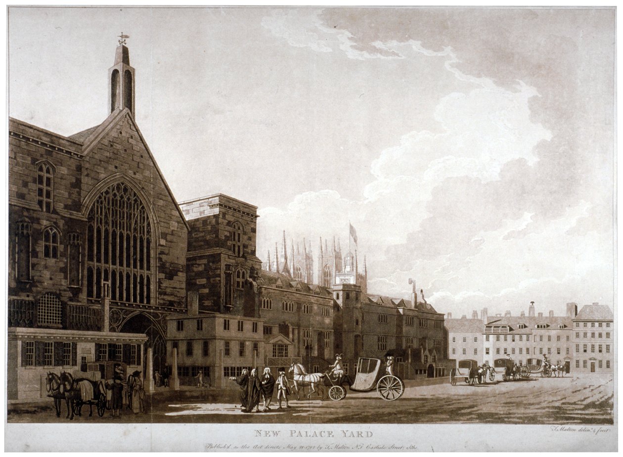 New Palace Yard ja sisäänkäynti Westminster Halliin, Lontoo, 1782. tekijältä Thomas Malton II