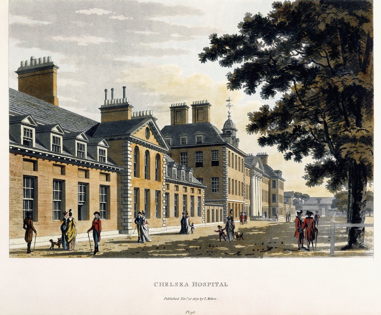 Chelsea Hospital, teoksesta "Maaluksellinen kiertue Lontoon ja Westminster Illustratedin kaupunkien läpi", 1792-1801 tekijältä Thomas Malton Jnr.
