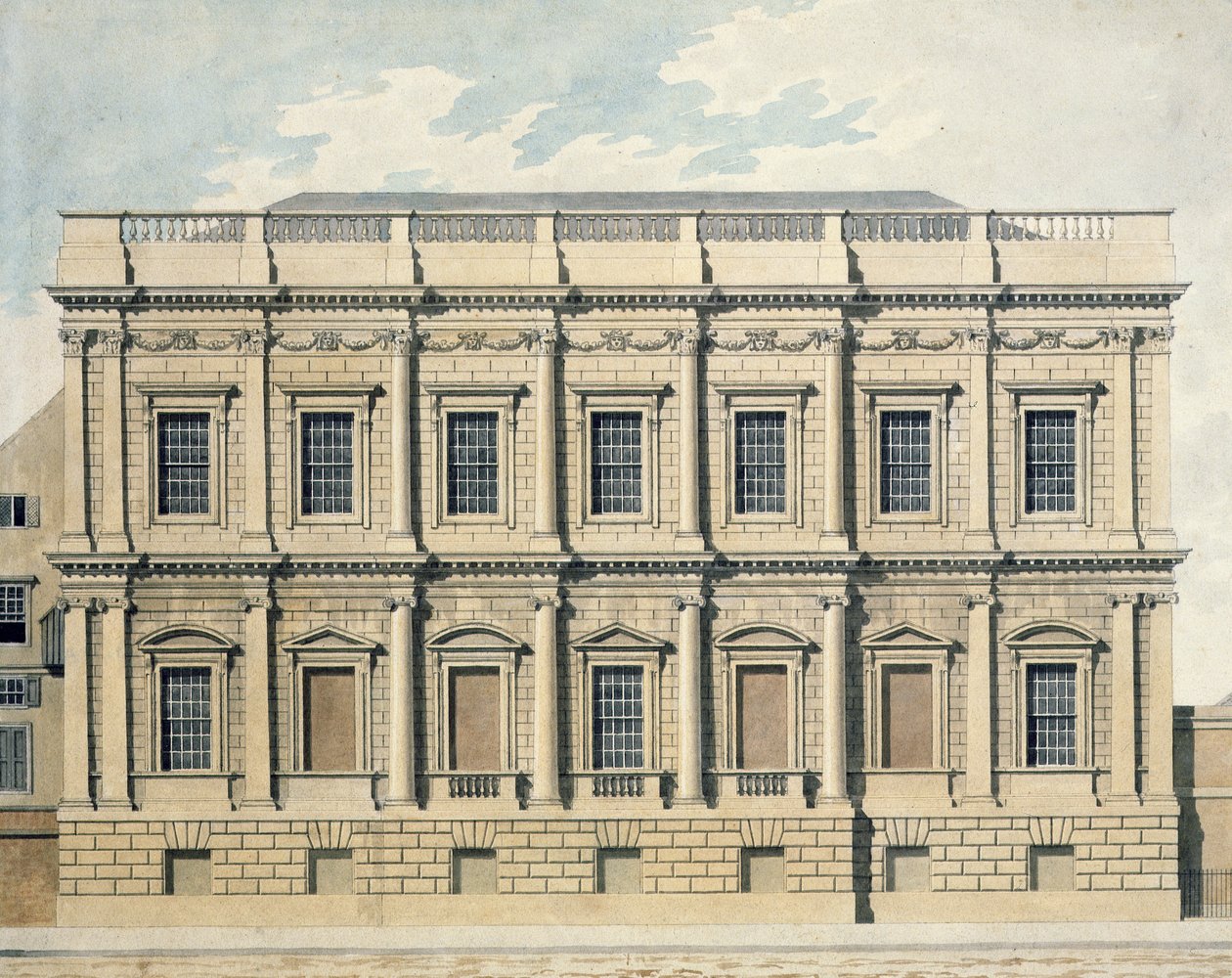 Näkymä juhlatalosta Whitehallissa, Westminsterissä, n. 1790 tekijältä Thomas Malton Jnr.