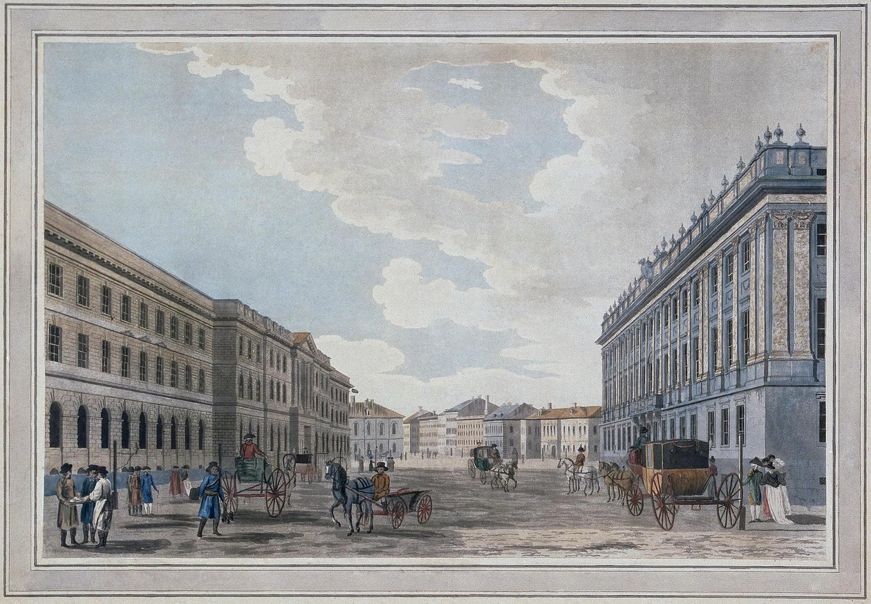 Näkymä Millionnaya-kadulle ja Marmoripalatsille Marsin kentän läpi, 1790 tekijältä Thomas Malton the Elder