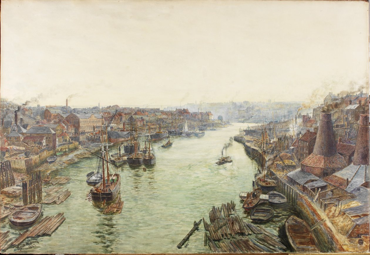 Sunderland, Holmes Wharf (akvarelli (korotettu valkoisella) ja raaputus paperille) tekijältä Thomas Marie Madawaska Hemy