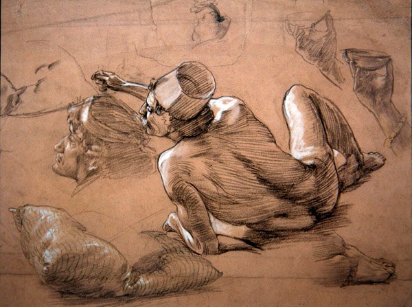 Makaava miesakti, n.1880 (lyijykynä, musta liitu ja valkoinen väri paperille). tekijältä Thomas Matthews Rooke
