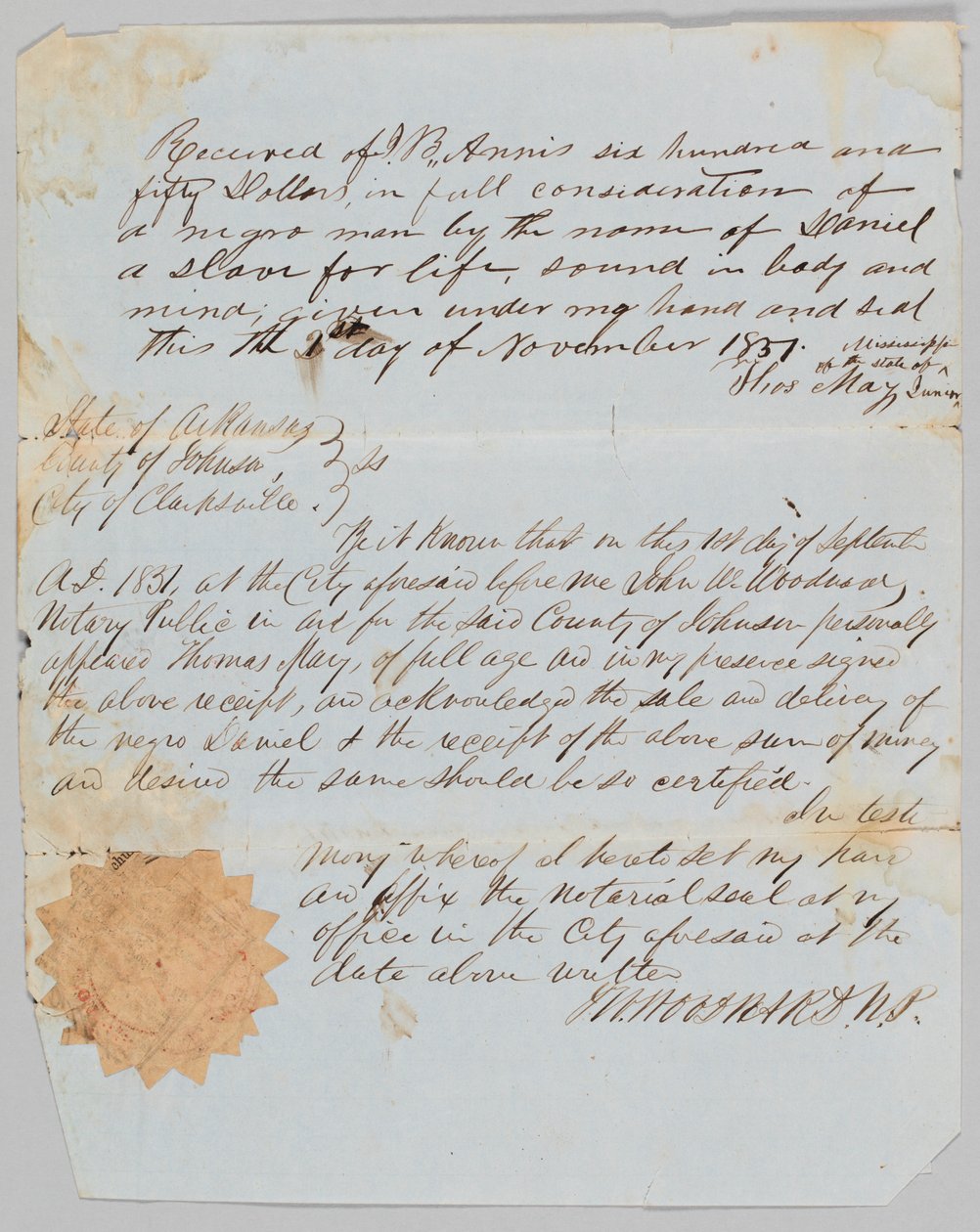 Daniel-nimisen miehen kauppakirja Jerome B. Annisille, 1. marraskuuta 1851. tekijältä Thomas May