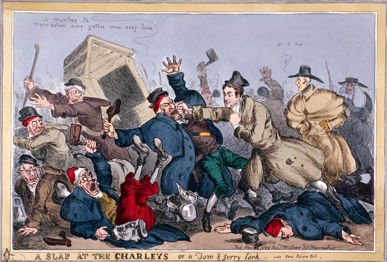 "A slap at the Charleys or a Tom & Jerry lark, video New Police Bill", 1829 tekijältä Thomas McLean