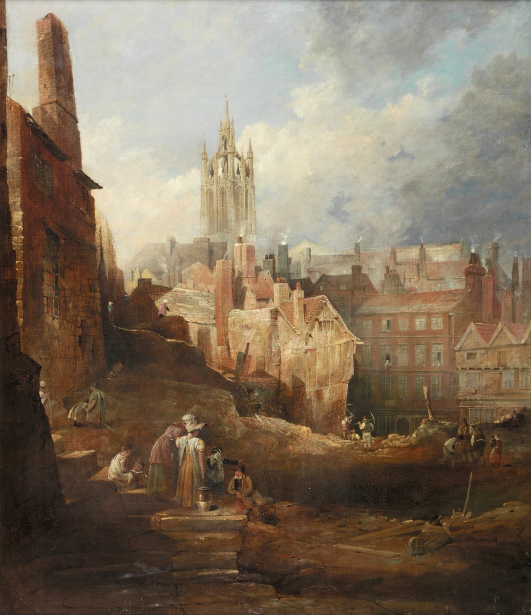 High Level Bridge -sillan kaivaukset, Newcastle upon Tyne, n. 1846 tekijältä Thomas Miles Richardson