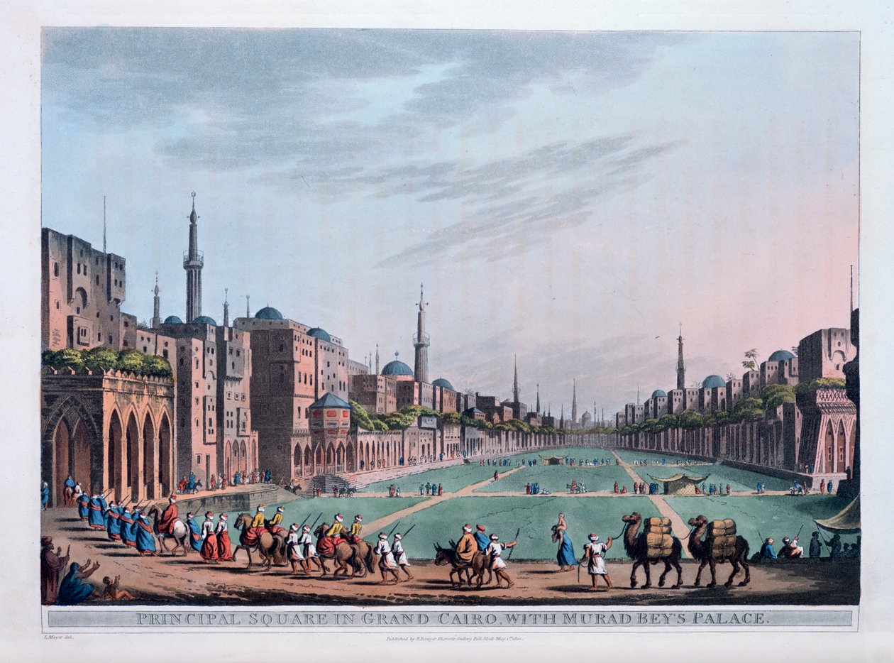 Pääaukio Grand Kairossa, jossa on Murad Beysin palatsi, 1801 tekijältä Thomas Milton