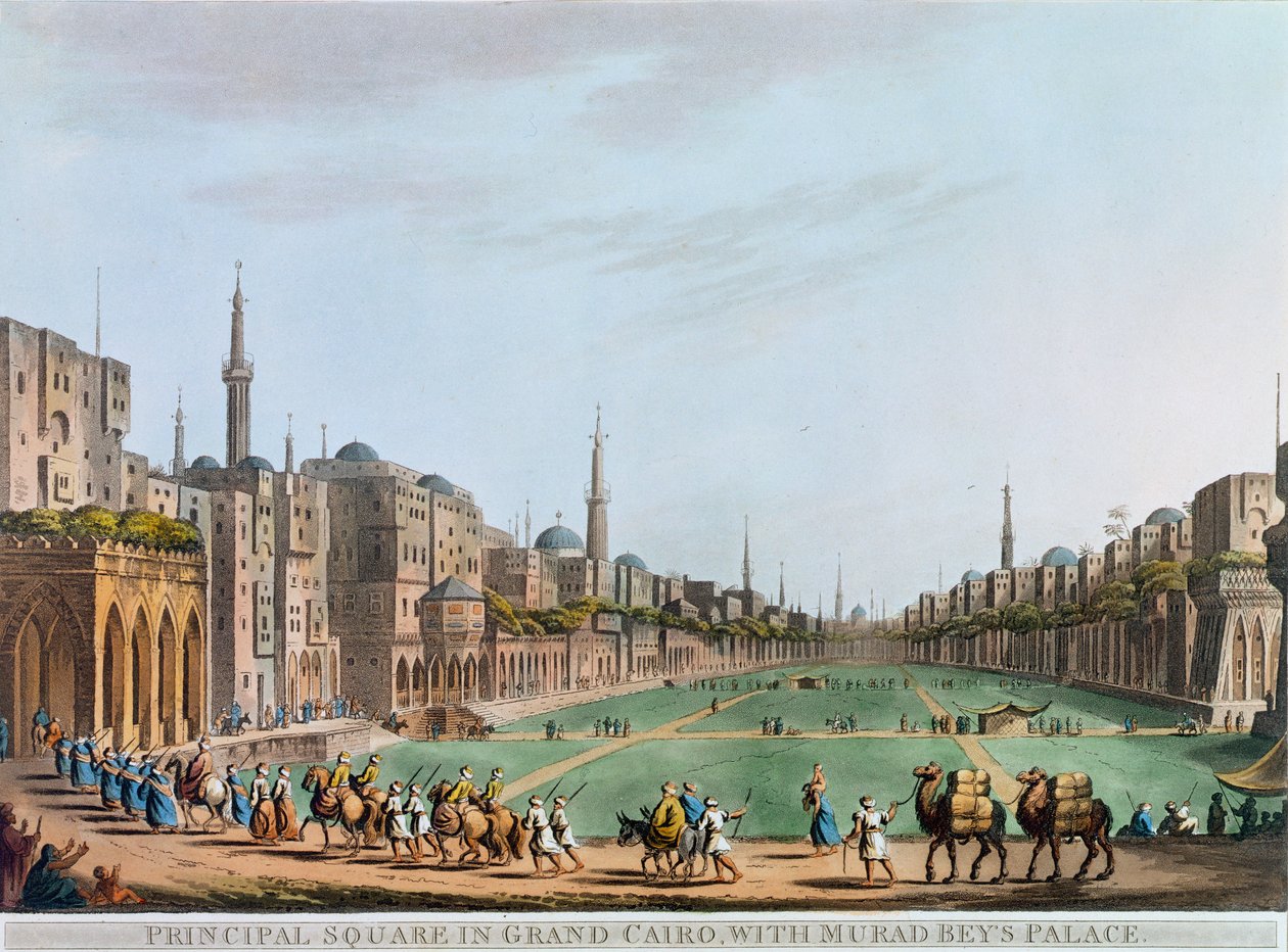 "Principal Square in Grand Kairo, Murad Beyn palatsi", Egypti, 1802 tekijältä Thomas Milton