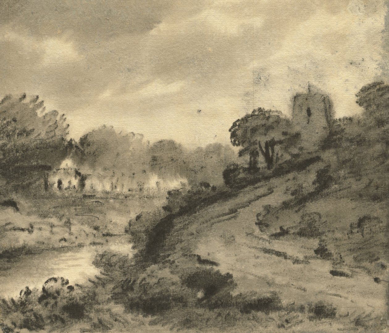 Metsäinen jokimaisema, jossa vasemmalla etualalla kivi, n. 1800 tekijältä Thomas Monro