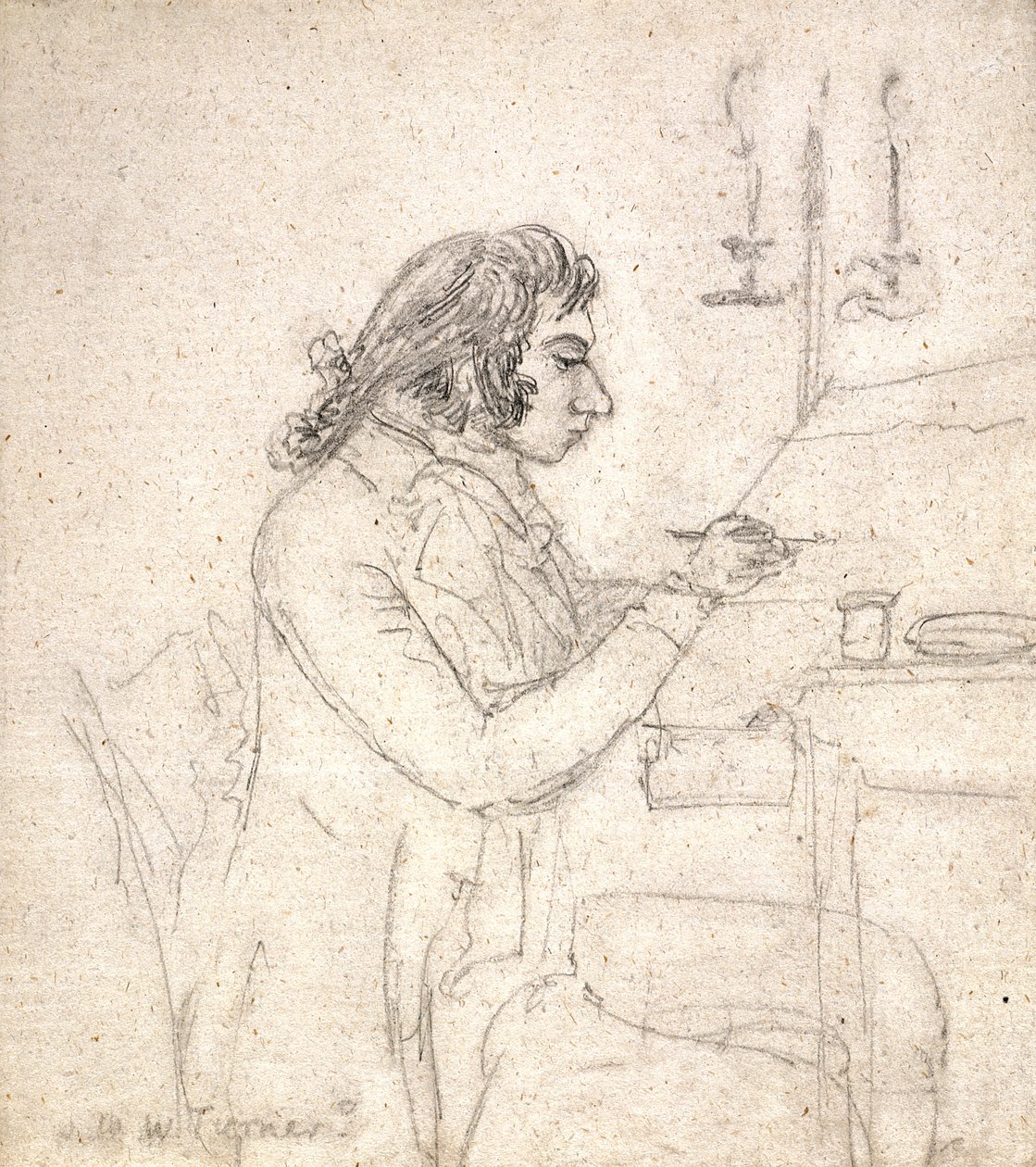 J. M. W. Turner piirustuspöydässä; Verso: rouva Monro Sleep (kynä luonnonvalkoiselle levitetylle paperille) tekijältä Thomas Monro