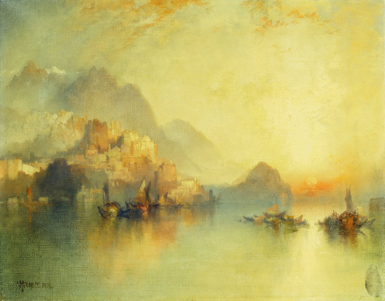 Hillside Village auringonlaskun aikaan, 1918 tekijältä Thomas Moran