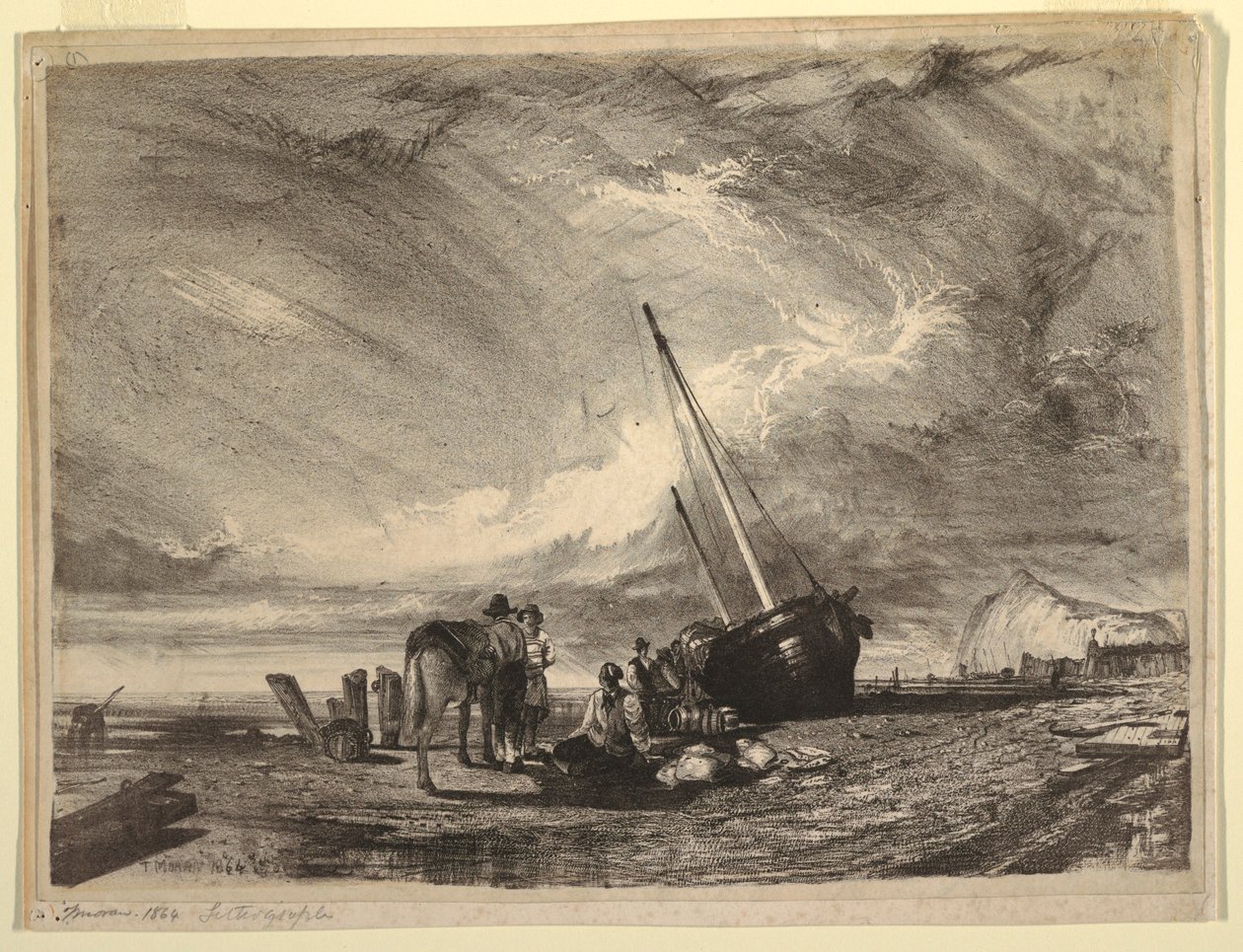 Rannalla oleva kalastusvene tekijältä Thomas Moran