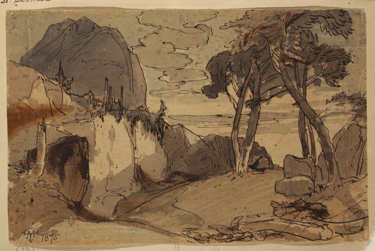 Piirros, Tie vuoristomaisemassa, 1875 tekijältä Thomas Moran
