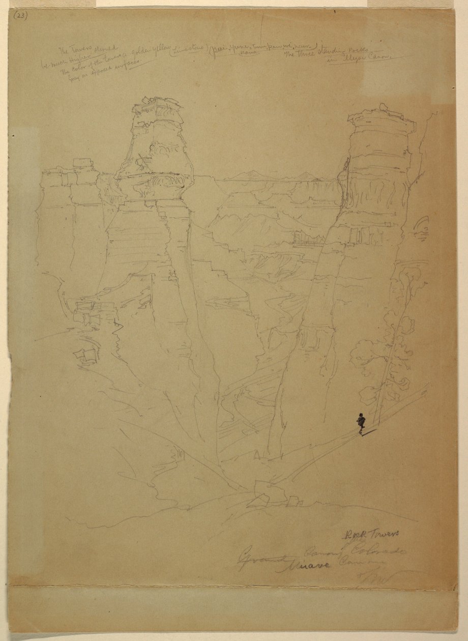 Piirros, Kalliotornit Muaven [Muav] kanjonissa, Colorado, 1873. tekijältä Thomas Moran