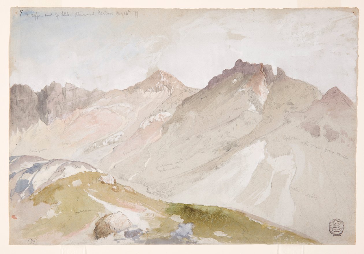 Piirros, Little Cottonwood Canyonin yläpää, Wasatch Range, lähellä Ogdenia, Utah, 13. elokuuta 1879. tekijältä Thomas Moran