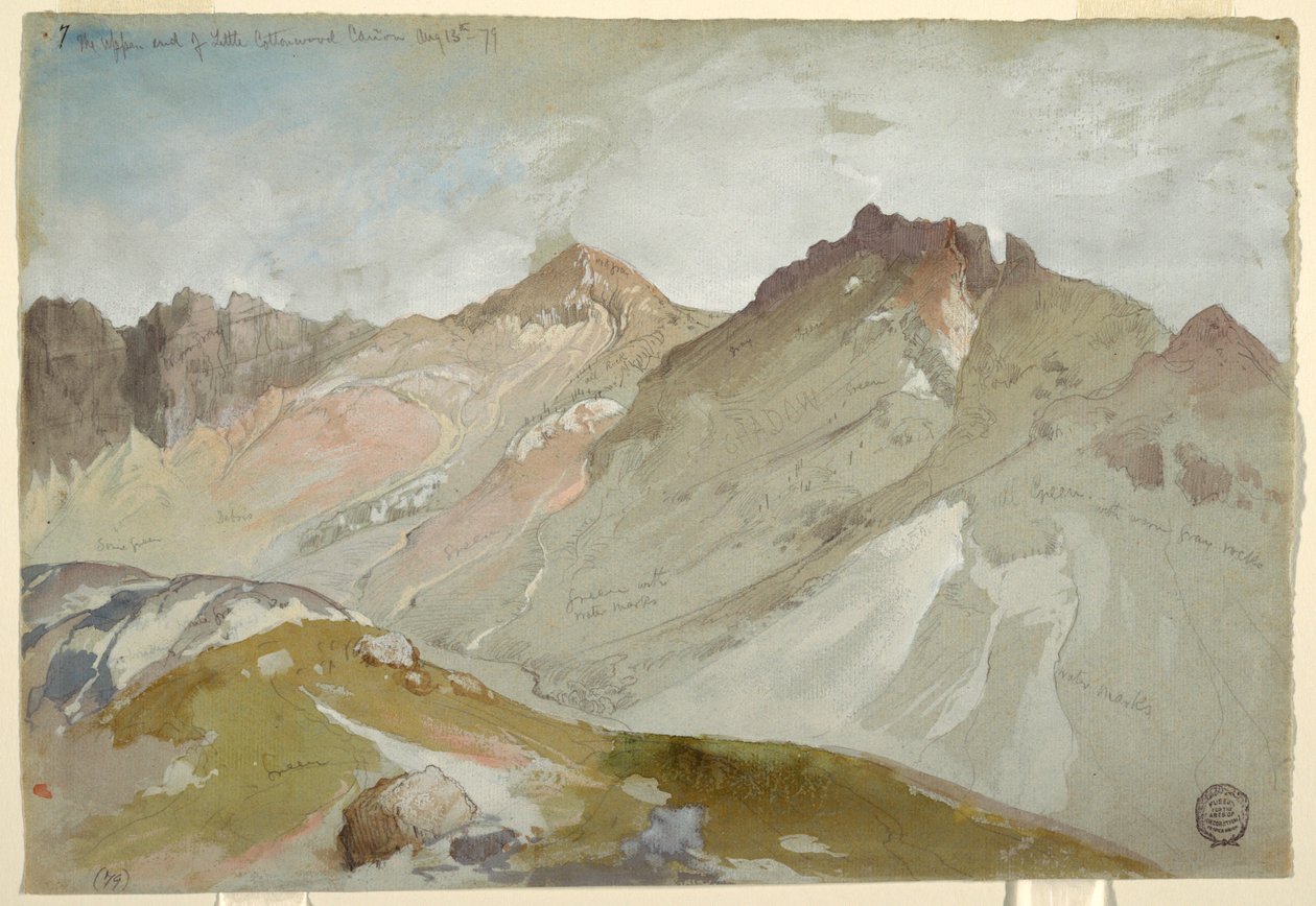 Piirros, Little Cottonwood Canyonin yläpää, Wasatch Range, lähellä Ogdenia, Utah, 13. elokuuta 1879. tekijältä Thomas Moran