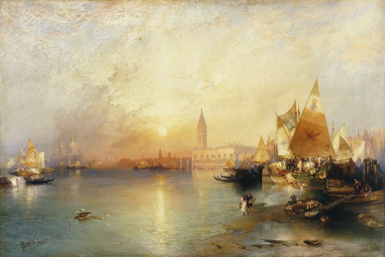 Auringonlasku, Venetsia; Santa Maria ja herttuan palatsi, 1902 tekijältä Thomas Moran