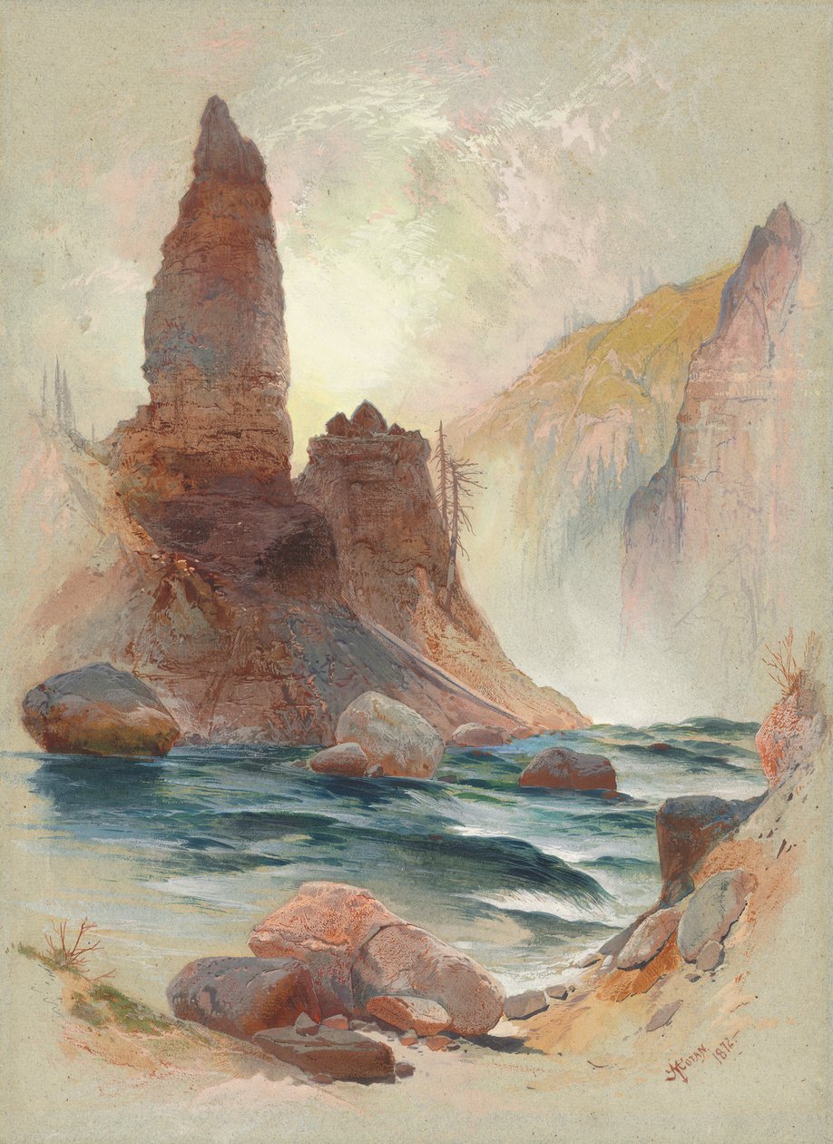 Tower at Tower Falls, Yellowstone, 1872 (akvarelli ja guassi grafiitin päällä) tekijältä Thomas Moran