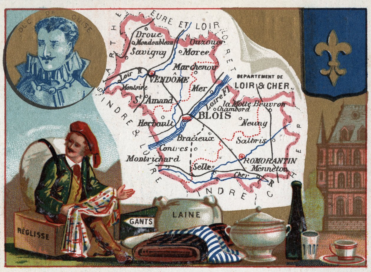 Loir-et-Cher, Centre, Ranska. Liquisse, käsineet ja villa. Ranskan departementteja koskeva sarja. , n.1920 (kromo) tekijältä Thomas & Mortimer John Hamilton (1741-79) Jones