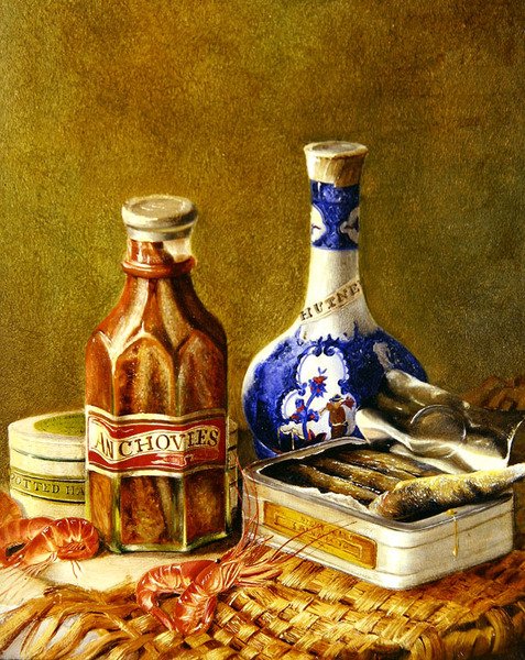 Asetelma anjovisten kanssa, n. 1844-62 (öljy kankaalle asetettu kortille) tekijältä Thomas Musgrave