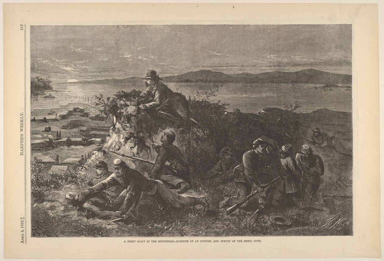 Yöpartio lounaassa – etuvartioaseman yllätys ja kapinallisten tutkimus..., 4. huhtikuuta 1863. tekijältä Thomas Nast