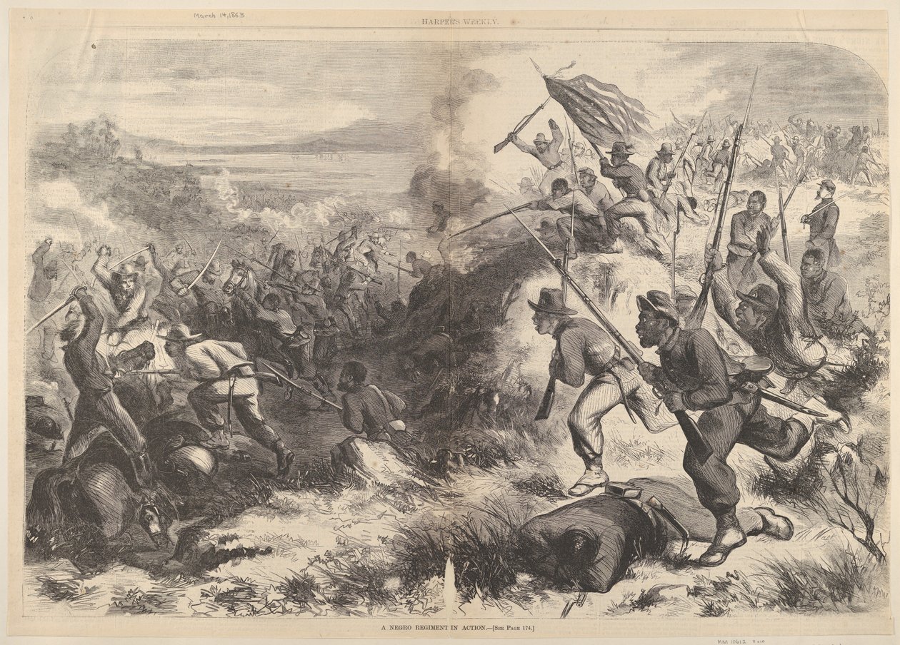 Musta rykmentti toiminnassa Harpers Weeklystä, 14. maaliskuuta 1863. tekijältä Thomas Nast