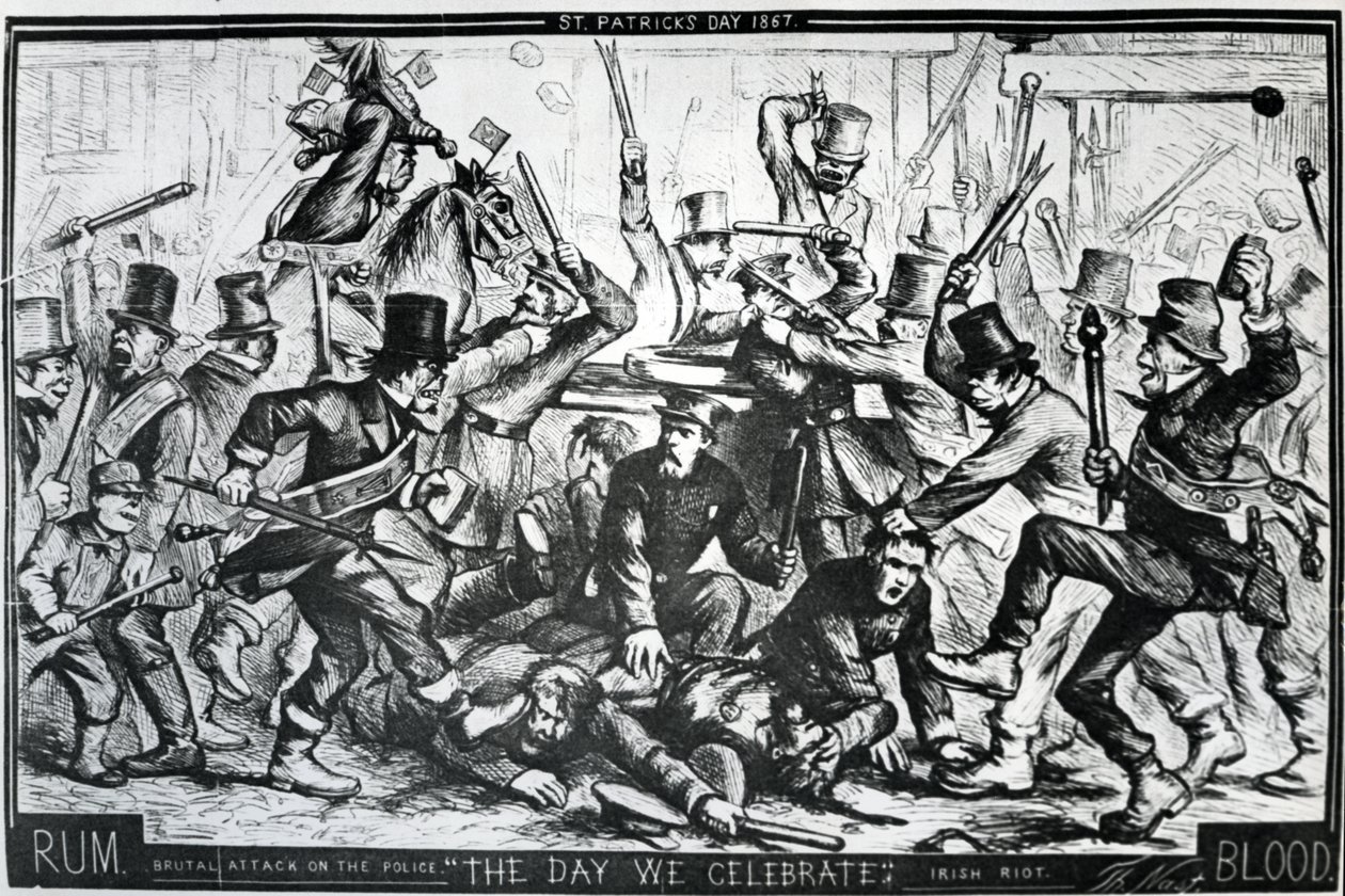 Sarjakuva New Yorkin mellakoista Pyhän Patrickin päivänä 1867, julkaistu Harper