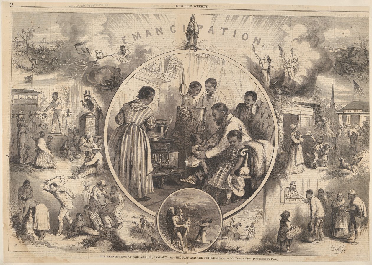 Mustan vapautuminen - Menneisyys ja tulevaisuus Harpers Weeklystä, 24. tammikuuta 1863. tekijältä Thomas Nast