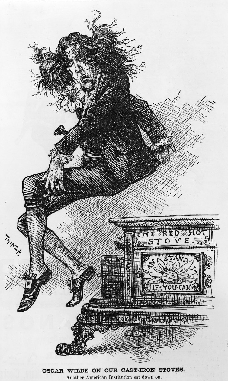 Oscar Wilde valurautaisista uuneistamme. Toinen amerikkalainen instituutio istui, kuvitus Harpers Weekly -lehdestä, pub. 1882 tekijältä Thomas Nast