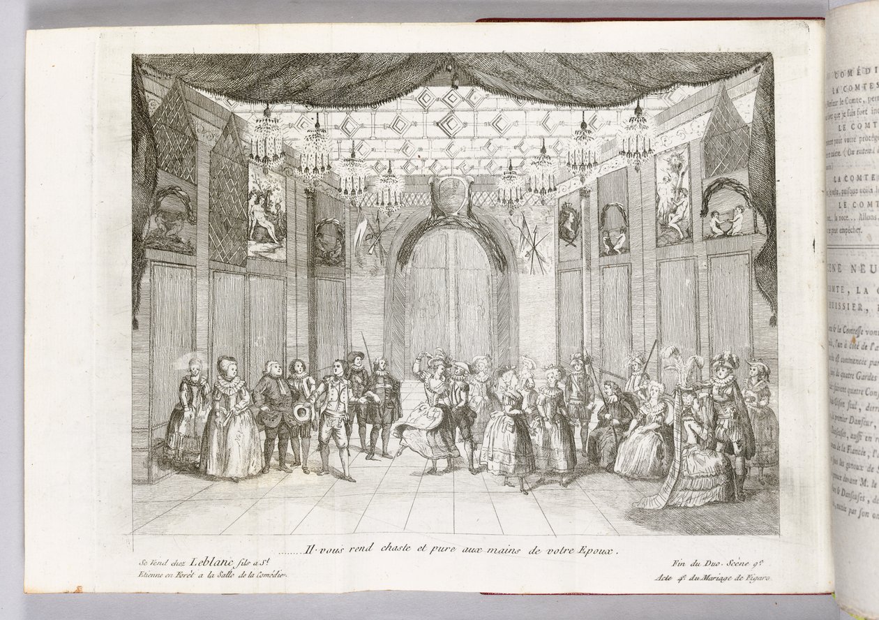 "Hän tekee sinusta siveellisen ja puhtaan puolisosi käsissä", kuvitus Pierre Augustin Caron de Beaumarchaisin "Figaron häistä", 1784 tekijältä Thomas Naudet
