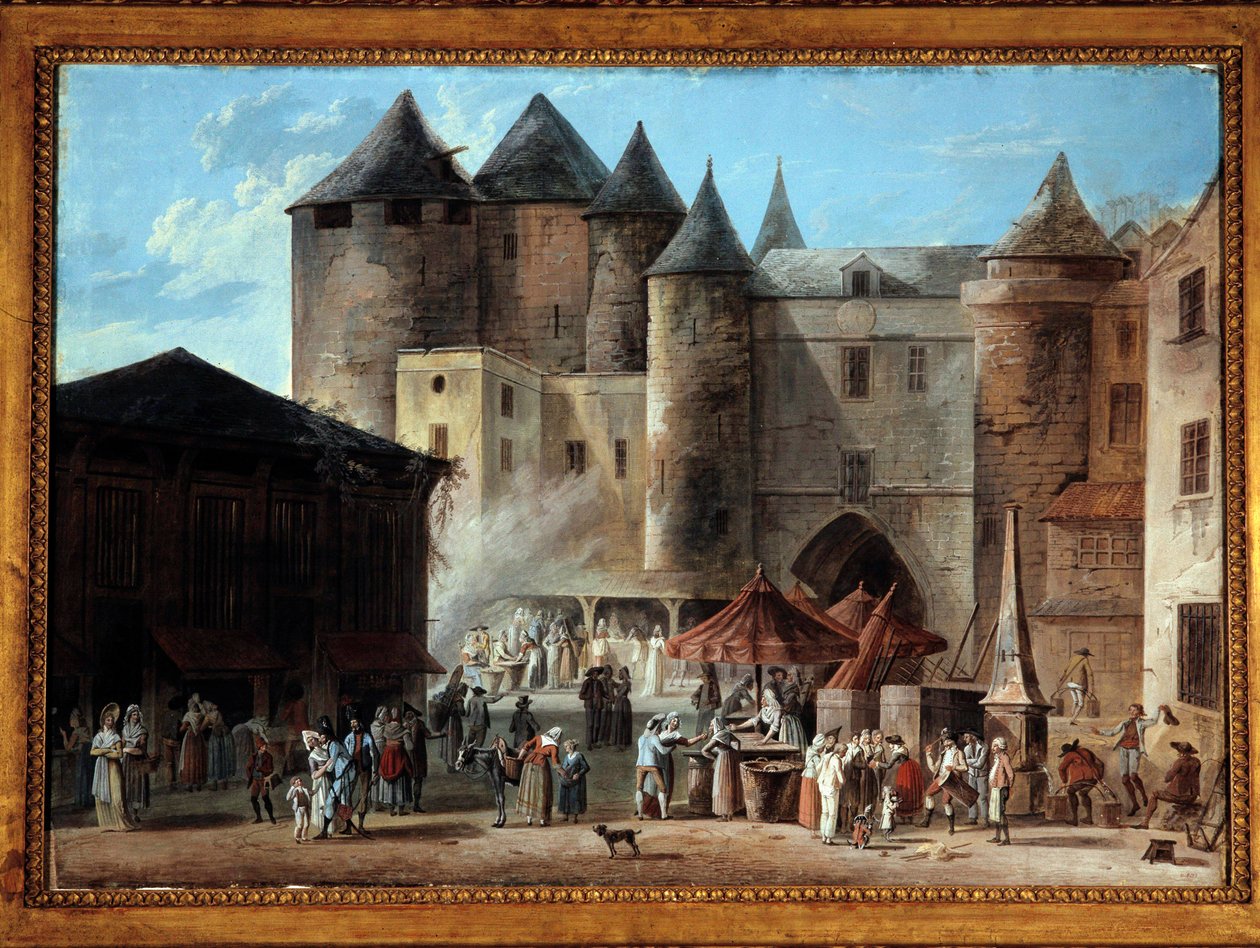 Place du Grand Chatelet Pariisin katukuvassa Ranskan vallankumouksen aikaan. Thomas Naudetin (1778-1810) maalaus tekijältä Thomas Naudet